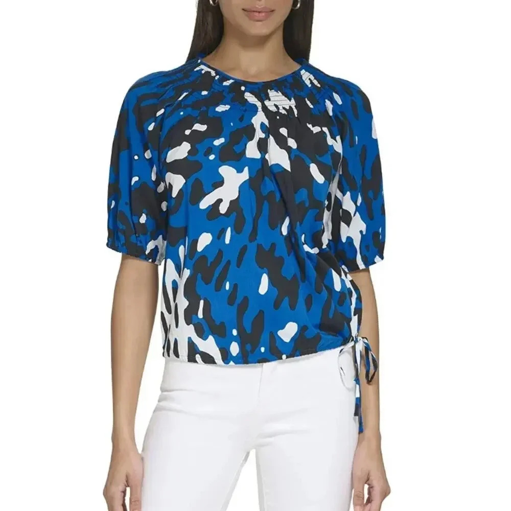 NWT Calvin Klein Smocked-Yoke Print Top Blouse Drawstring Hem Blue Black White M